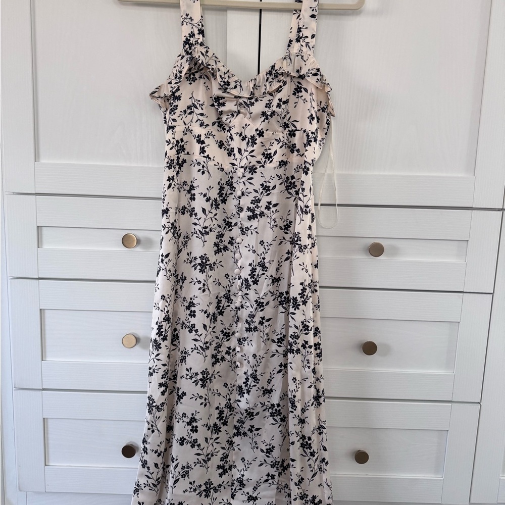 Zara, Floral Ruffle-Trim Midi Slip Dress in Cream and Black